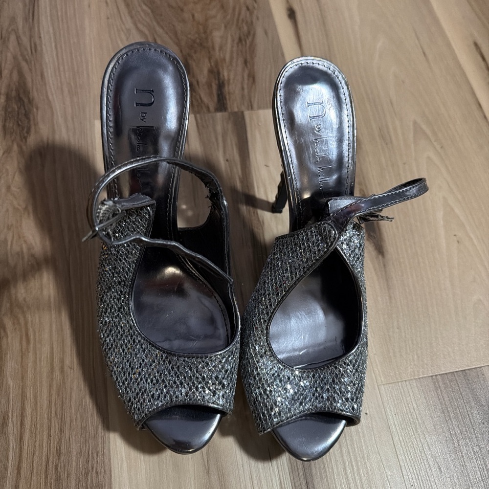Nicole Miller Glittering Silver Open-Toe Heels